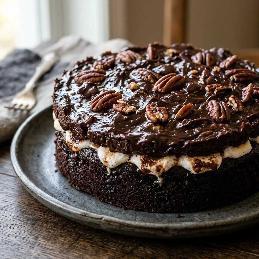 Delicious slice of Mississippi Mud Cake with chocolate frosting and nuts