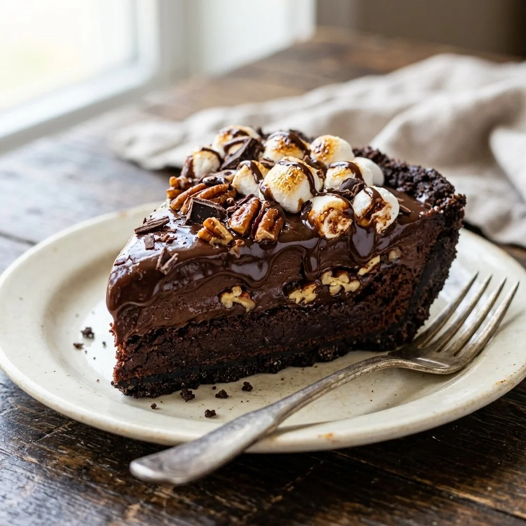 Delicious Mississippi Mud Pie topped with whipped cream and chocolate