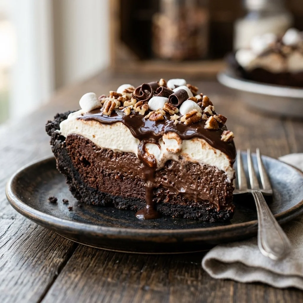 Delicious slice of Mississippi Mud Pie with chocolate and marshmallow layers