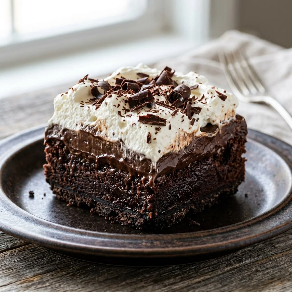 Delicious Mississippi Mud Pie topped with whipped cream and chocolate