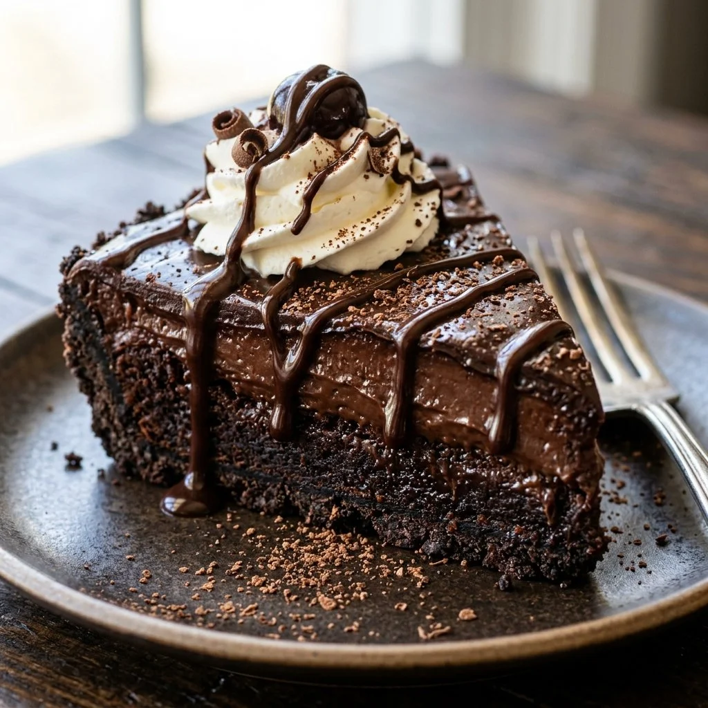 Deliciously layered Mississippi Mud Pie topped with chocolate and whipped cream