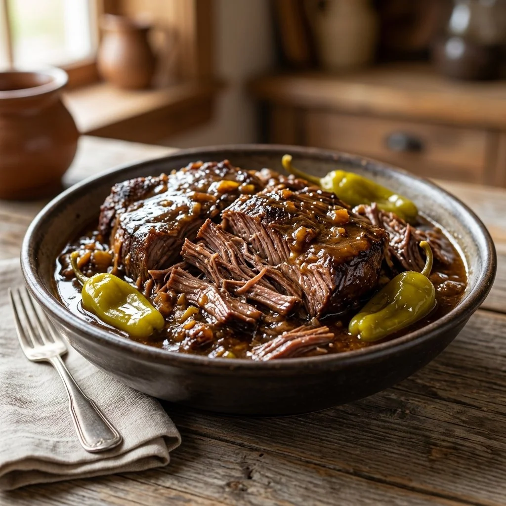 Mississippi Pot Roast served with vegetables in a rustic dish