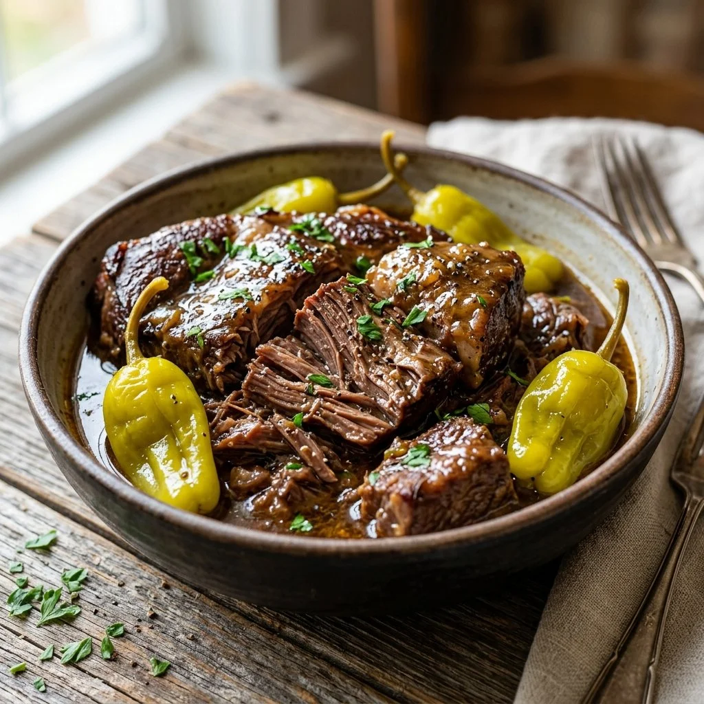 Mississippi Pot Roast simmering in a slow cooker with spices and vegetables.