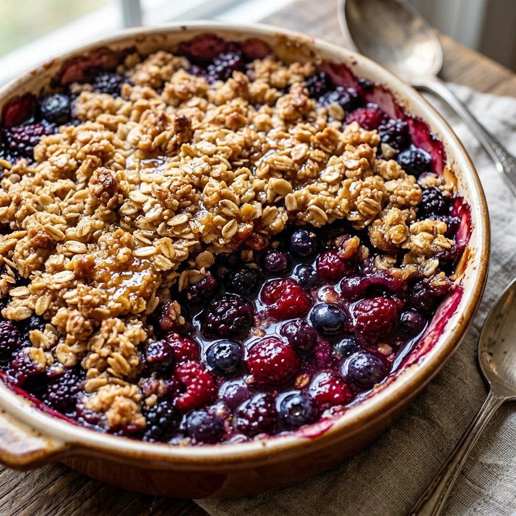 Delicious Mixed Berry Crisp dessert with a golden oat topping and fresh berries