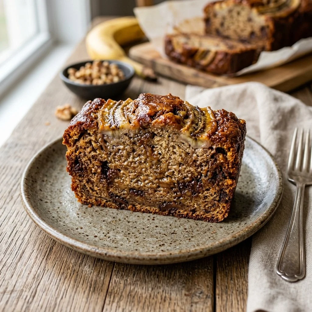 Deliciously moist banana bread slice on a wooden table