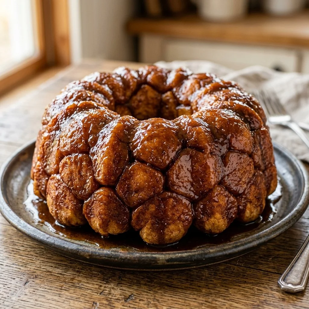 Freshly baked Monkey Bread drizzled with caramel sauce and cinnamon.