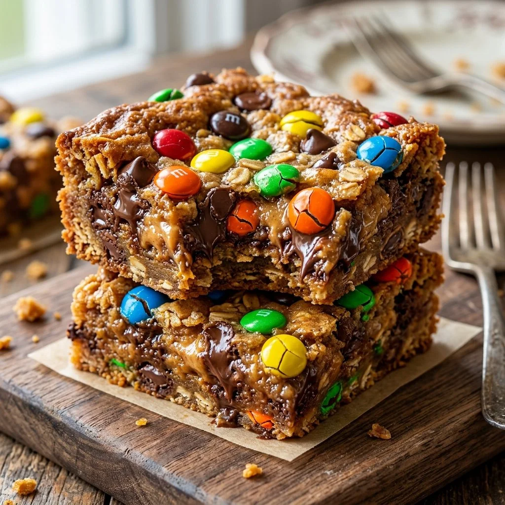 Delicious Monster Cookie Bars with chocolate chips and colorful M&Ms.
