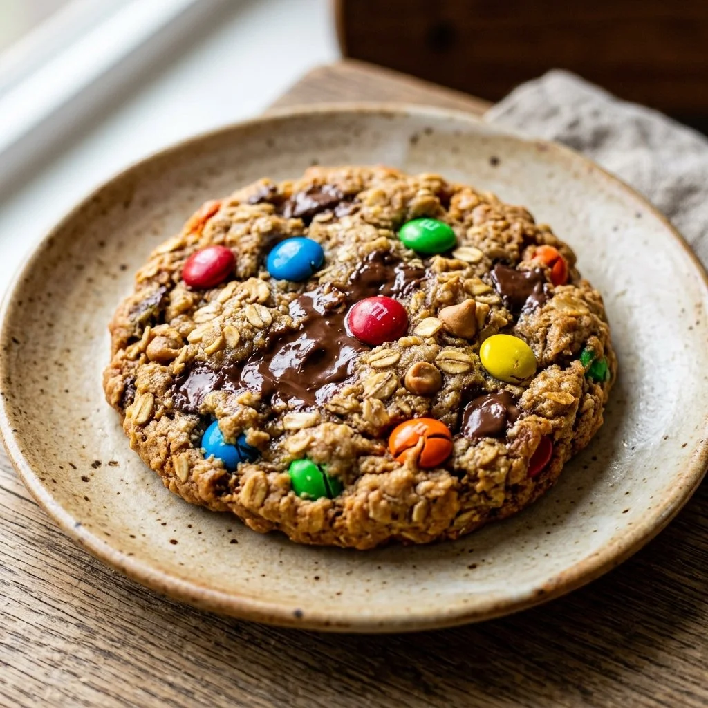 Delicious Monster Cookies loaded with chocolate chips, oats, and colorful M&Ms.
