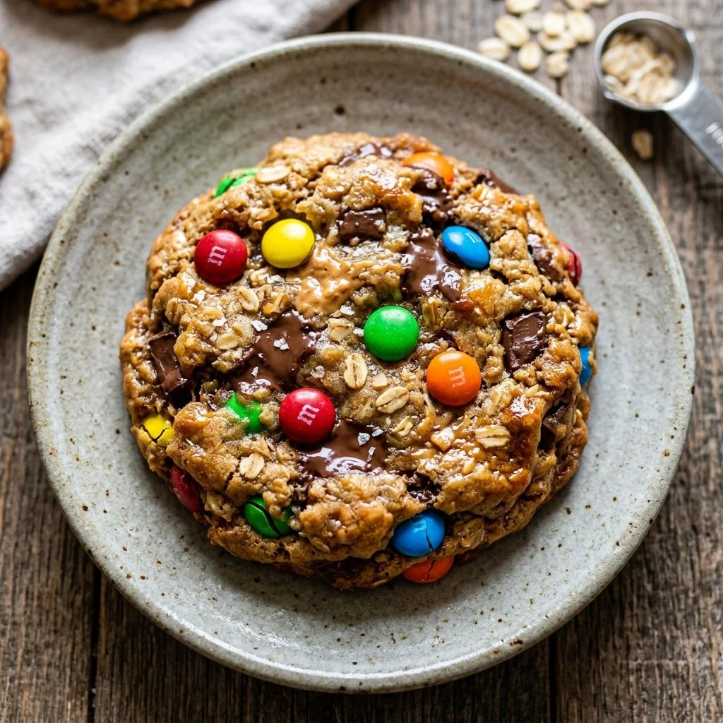 Plate of homemade Monster Cookies with chocolate chips and oats.