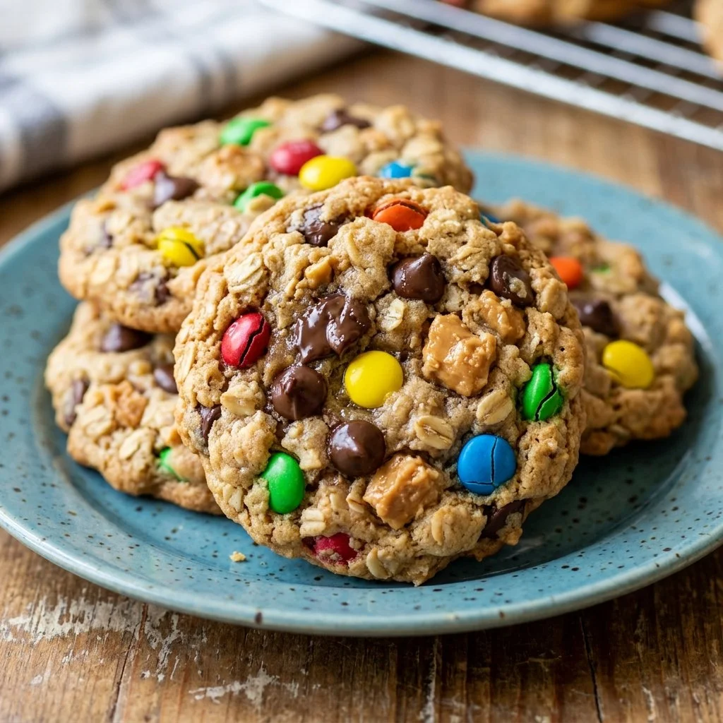 A plate of colorful Monster Cookies filled with chocolate chips and M&Ms