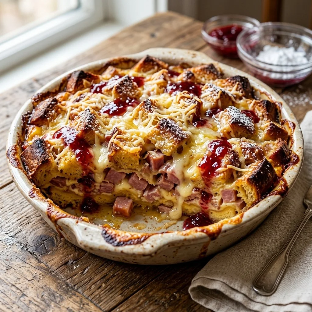 Delicious Monte Cristo Breakfast Casserole served on a plate