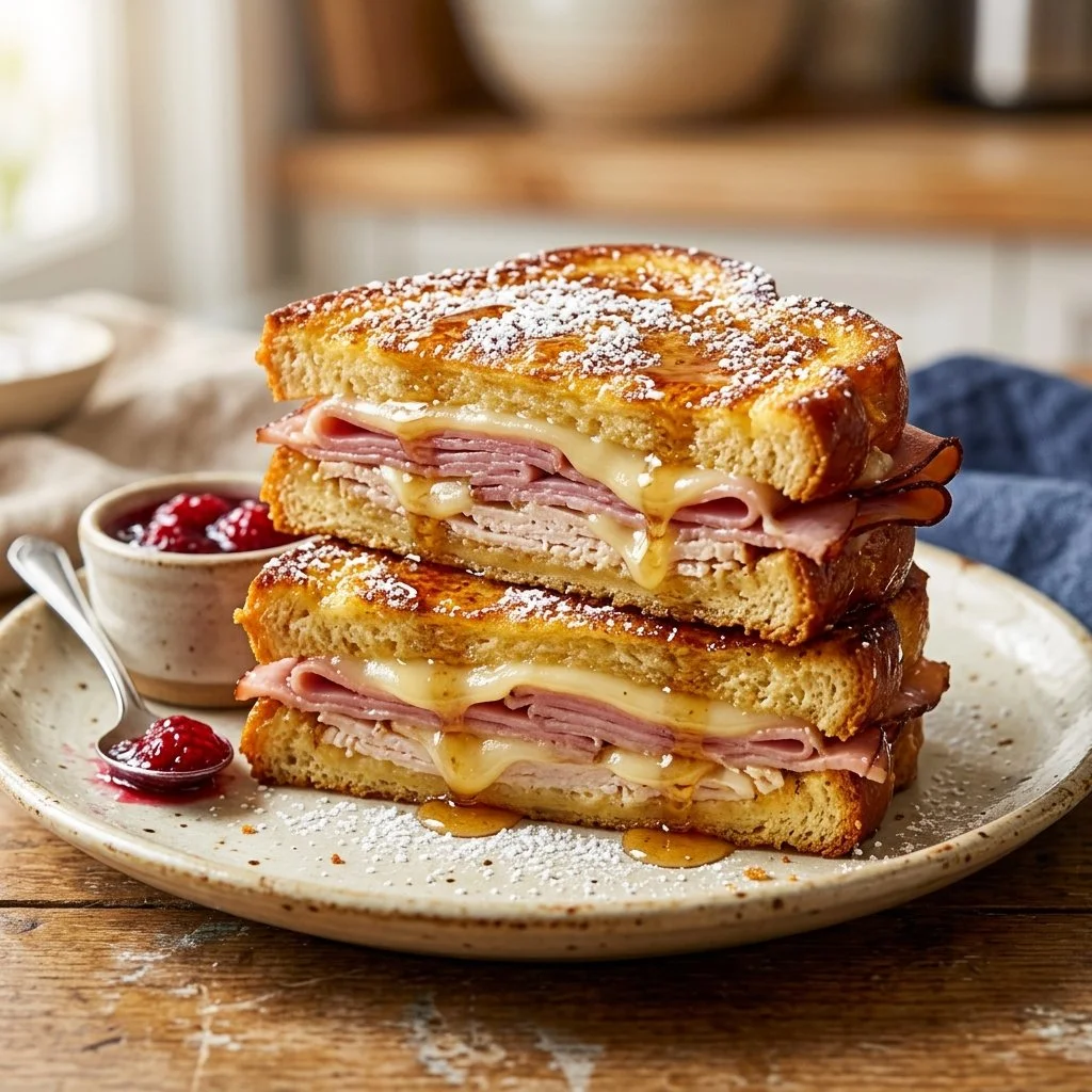 Golden-brown Monte Cristo Sandwich with ham, turkey, and cheese