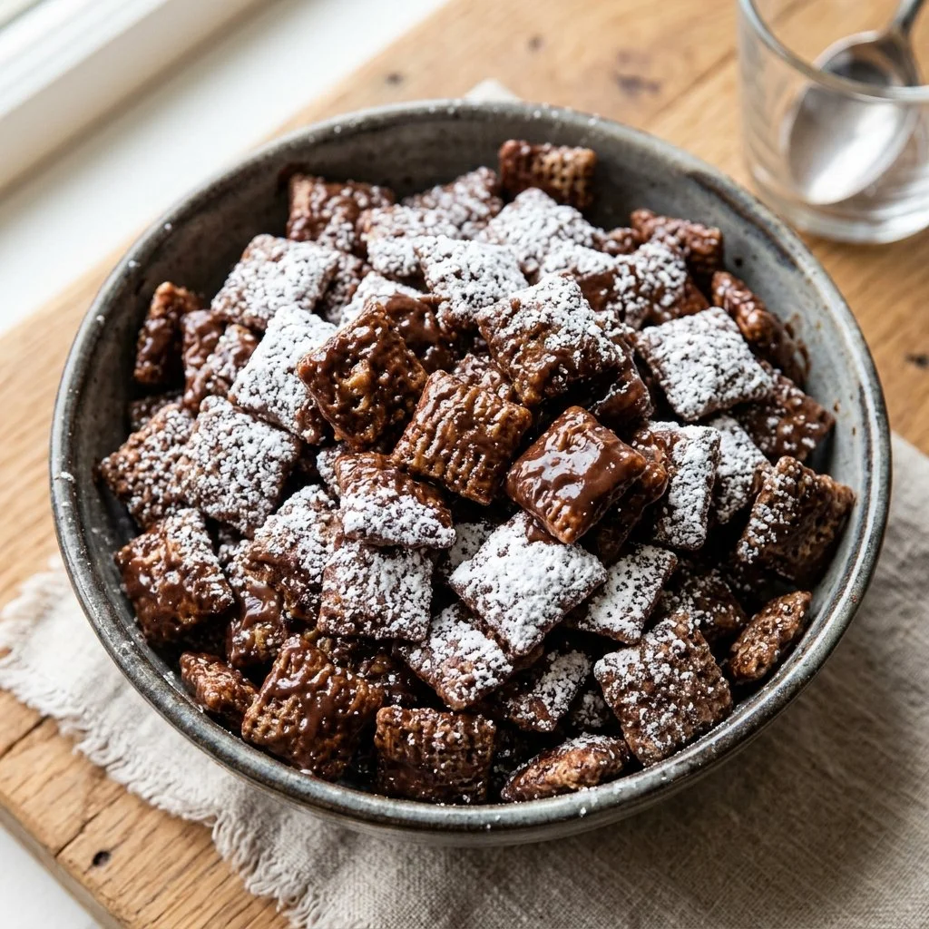 Delicious Muddy Buddies treat in a bowl, perfect for snacks and parties.