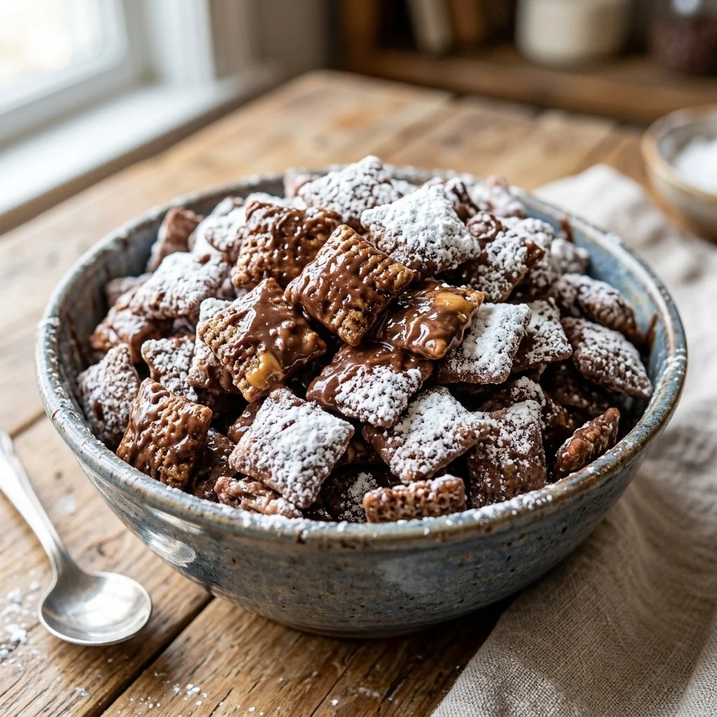 A bowl of homemade Muddy Buddies snack mix with chocolate and cereal