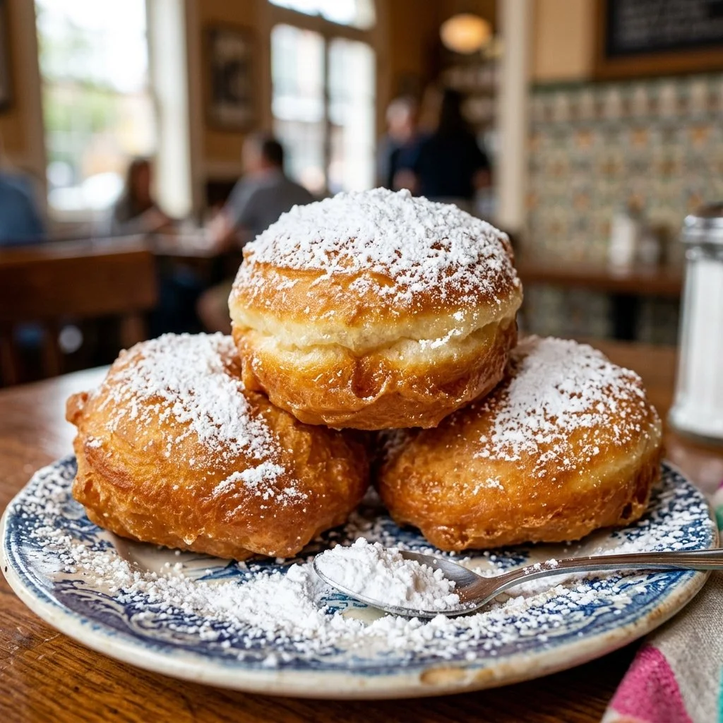 Delicious New Orleans beignets sprinkled with powdered sugar on a plate.