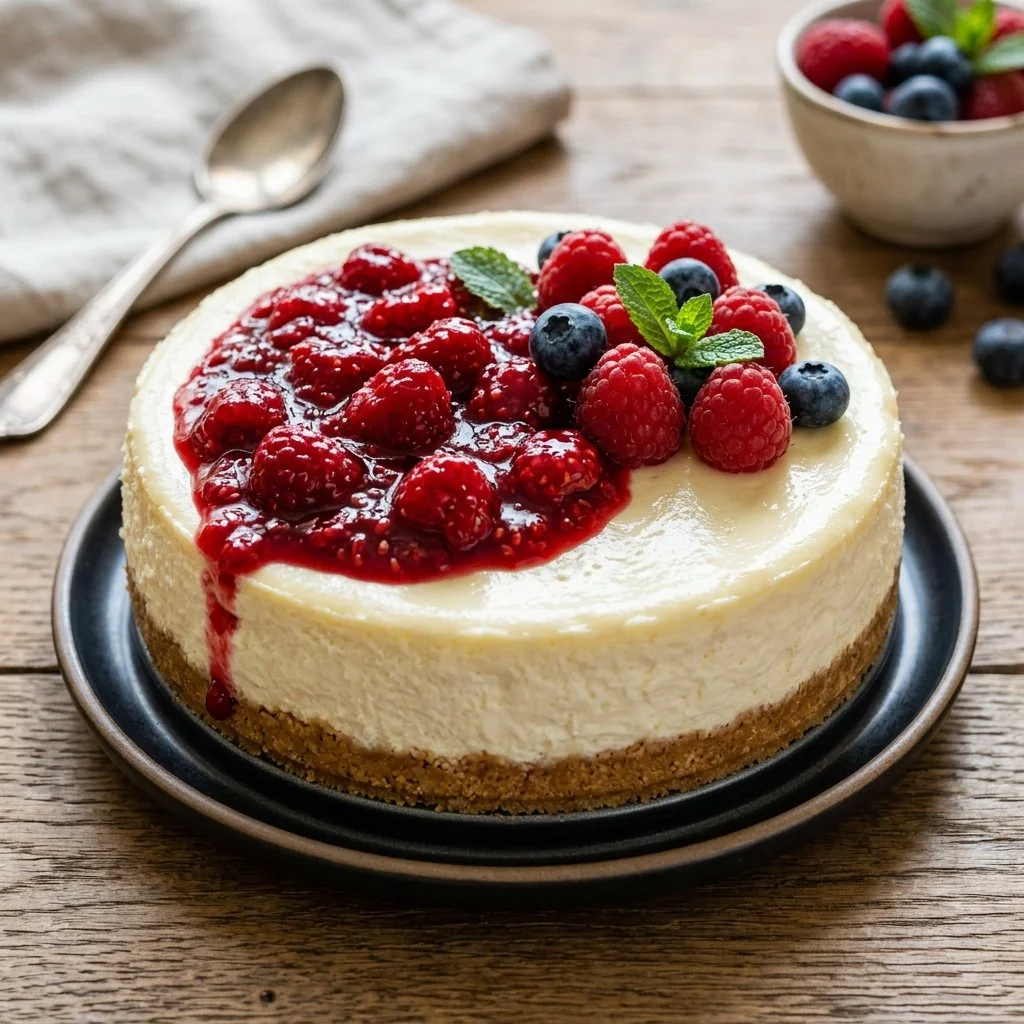 Delicious no-bake cheesecake topped with fresh berries on a white plate