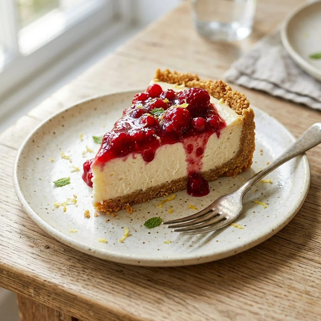 Delicious no-bake cheesecake topped with fresh berries and mint leaves.