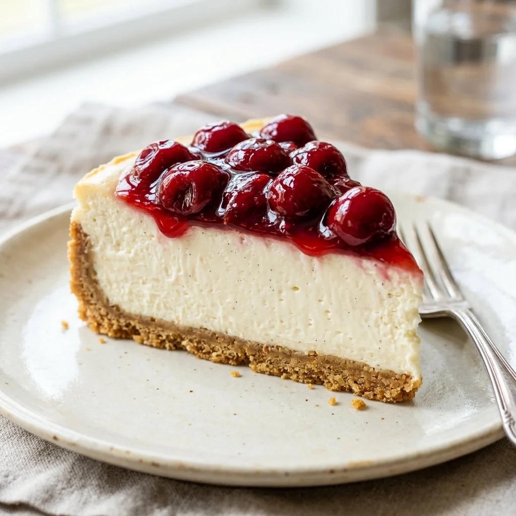 Delicious no bake cheesecake topped with fresh berries on a serving plate.