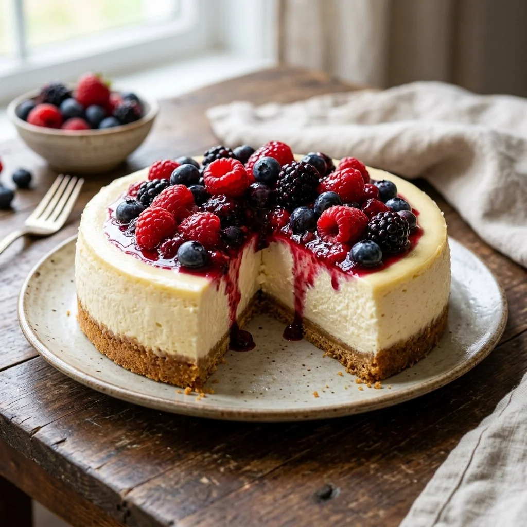 Delicious no-bake cheesecake topped with fresh berries and whipped cream
