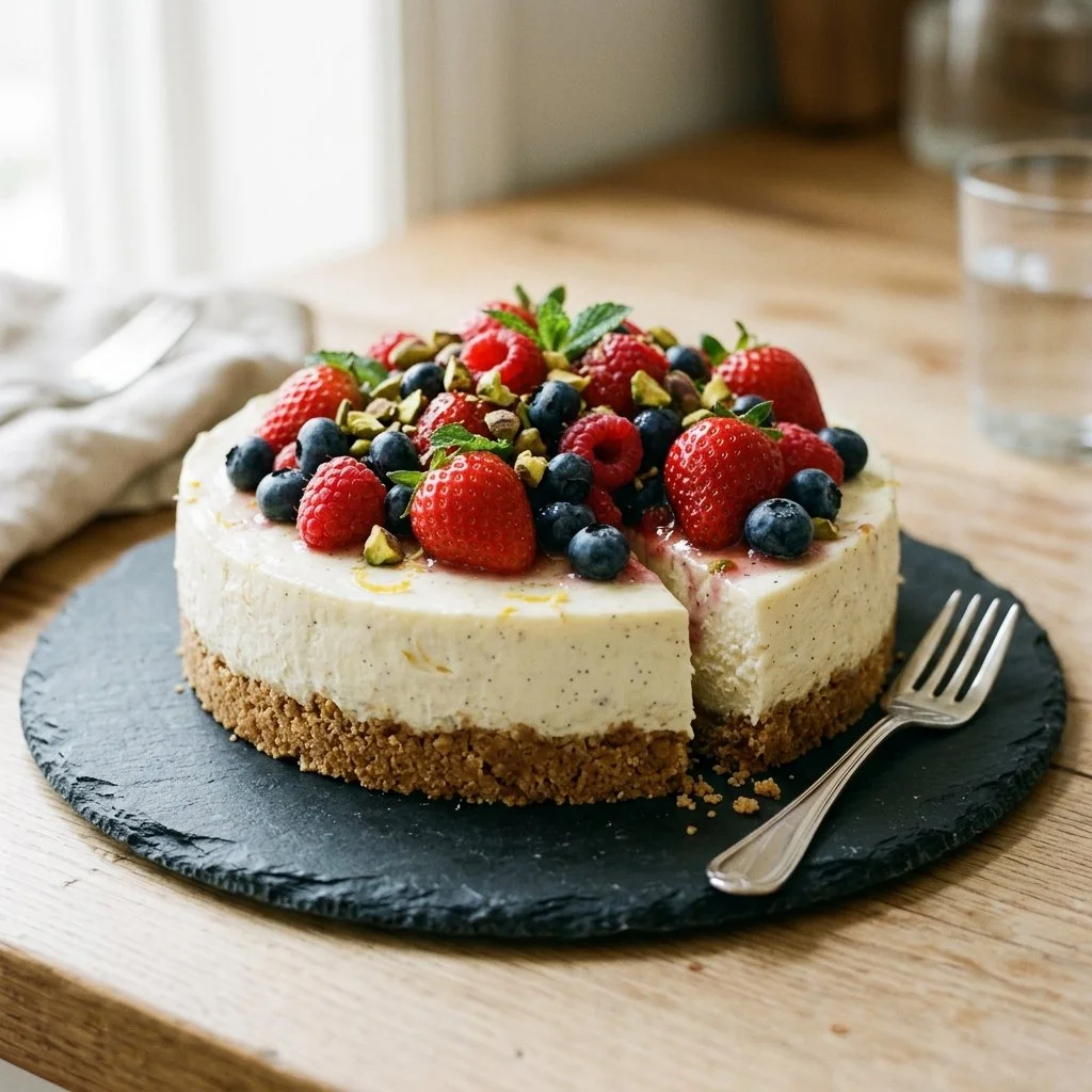 No-bake cheesecake topped with fresh berries and whipped cream.