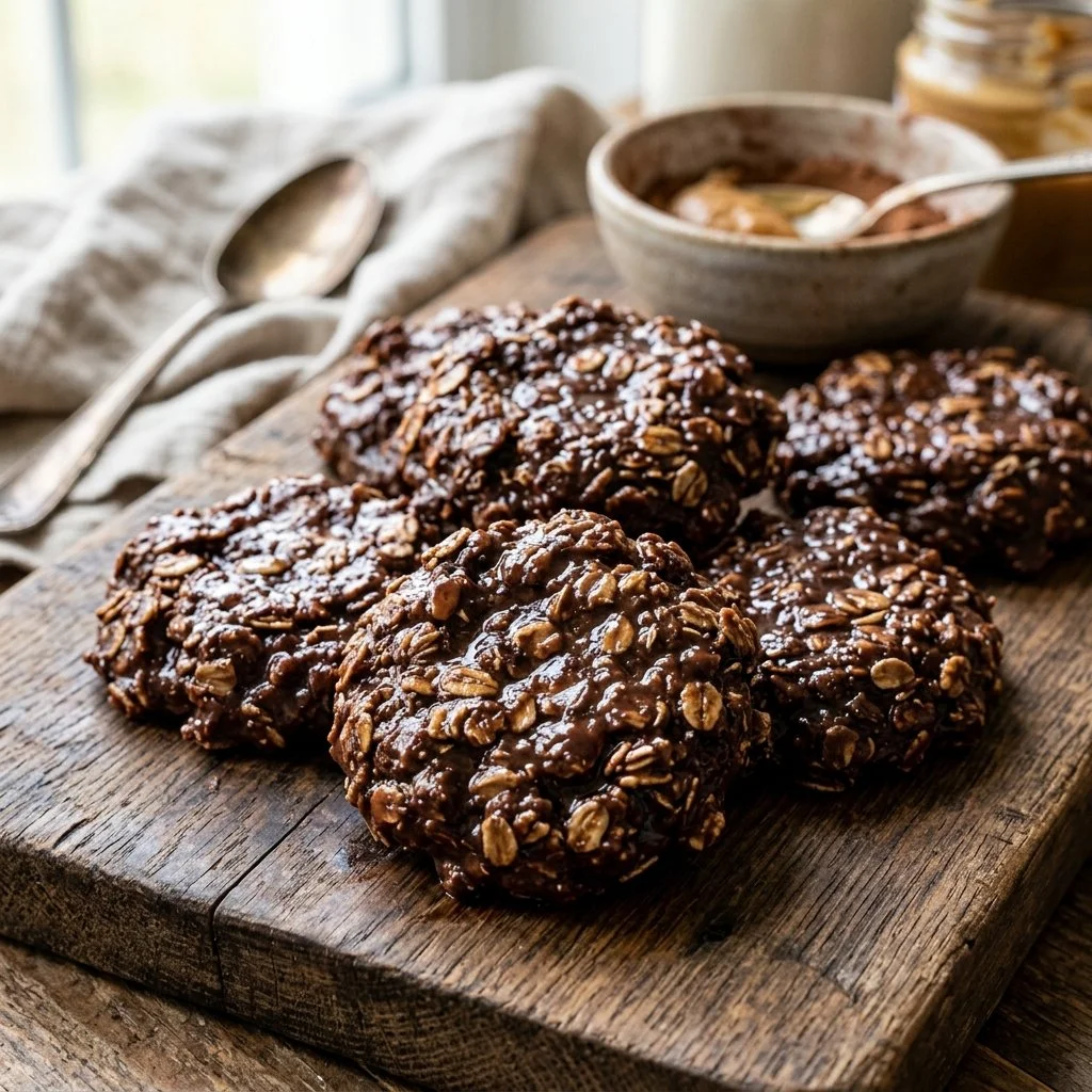Delicious no bake cookies arranged on a plate, perfect for a quick treat.