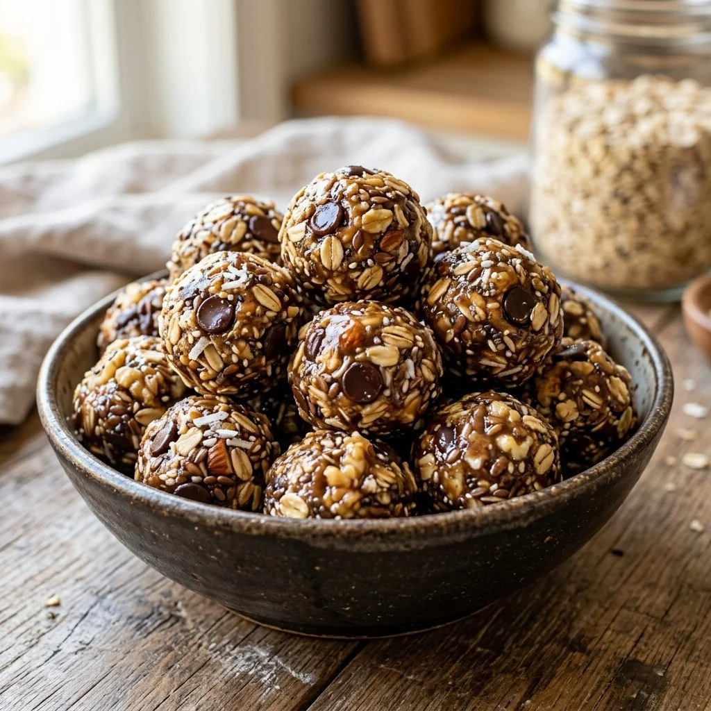 Plate of no-bake energy bites made with oats and nuts.
