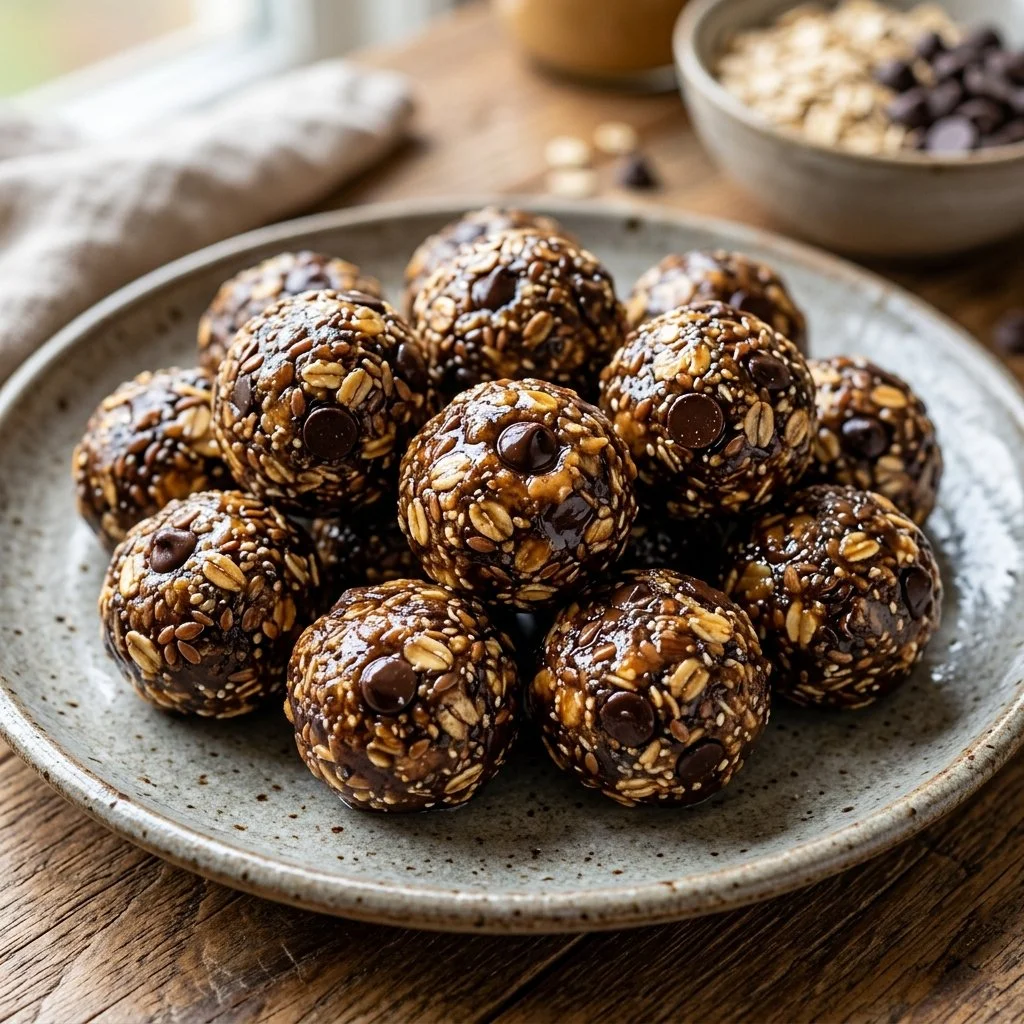 Homemade no bake energy bites made with oats, peanut butter, and chocolate chips.