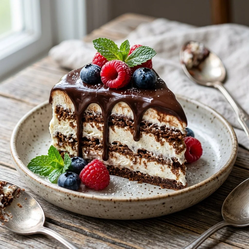Delicious no-bake icebox cake layered with cream and cookies