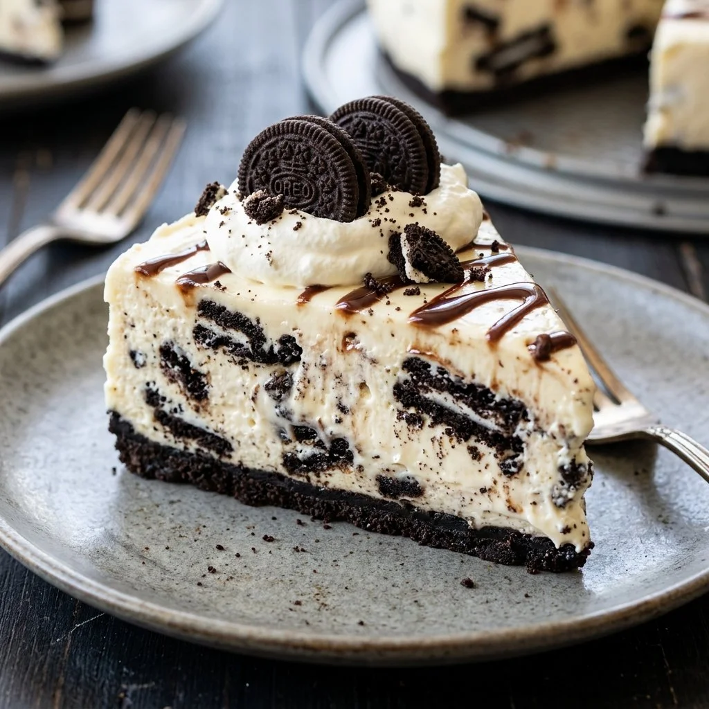 No Bake Oreo Cheesecake topped with crushed Oreos and chocolate drizzle