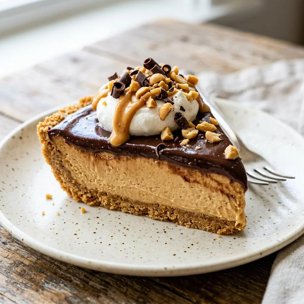 Delicious No Bake Peanut Butter Pie topped with whipped cream and chocolate drizzle