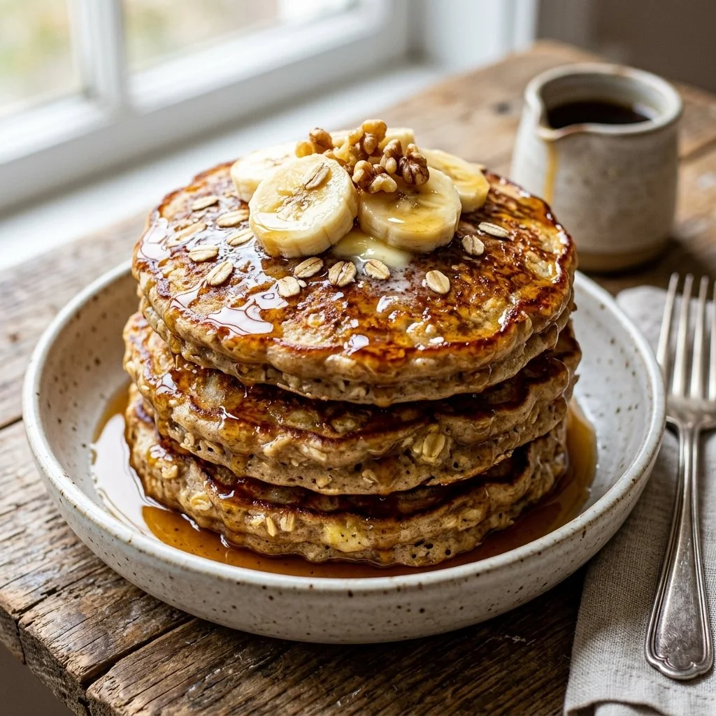 Fluffy oatmeal banana pancakes stacked on a plate with syrup and fruit