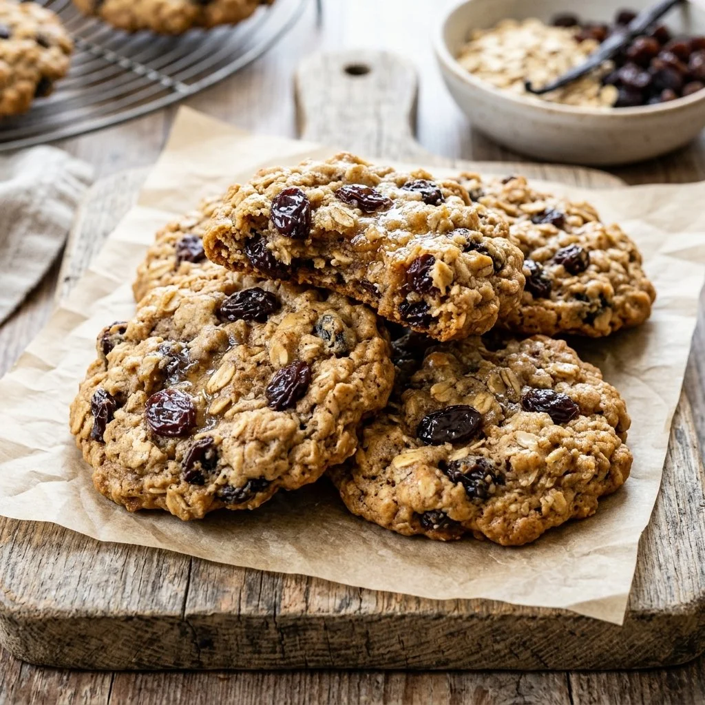 Delicious homemade oatmeal raisin cookies stacked on a plate