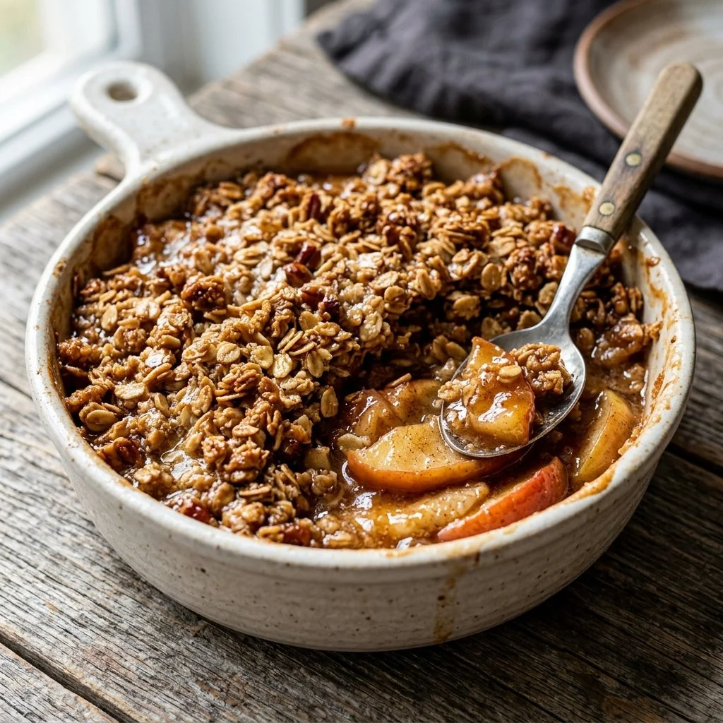 Delicious old fashioned apple crisp with a golden crunchy topping and fresh apples