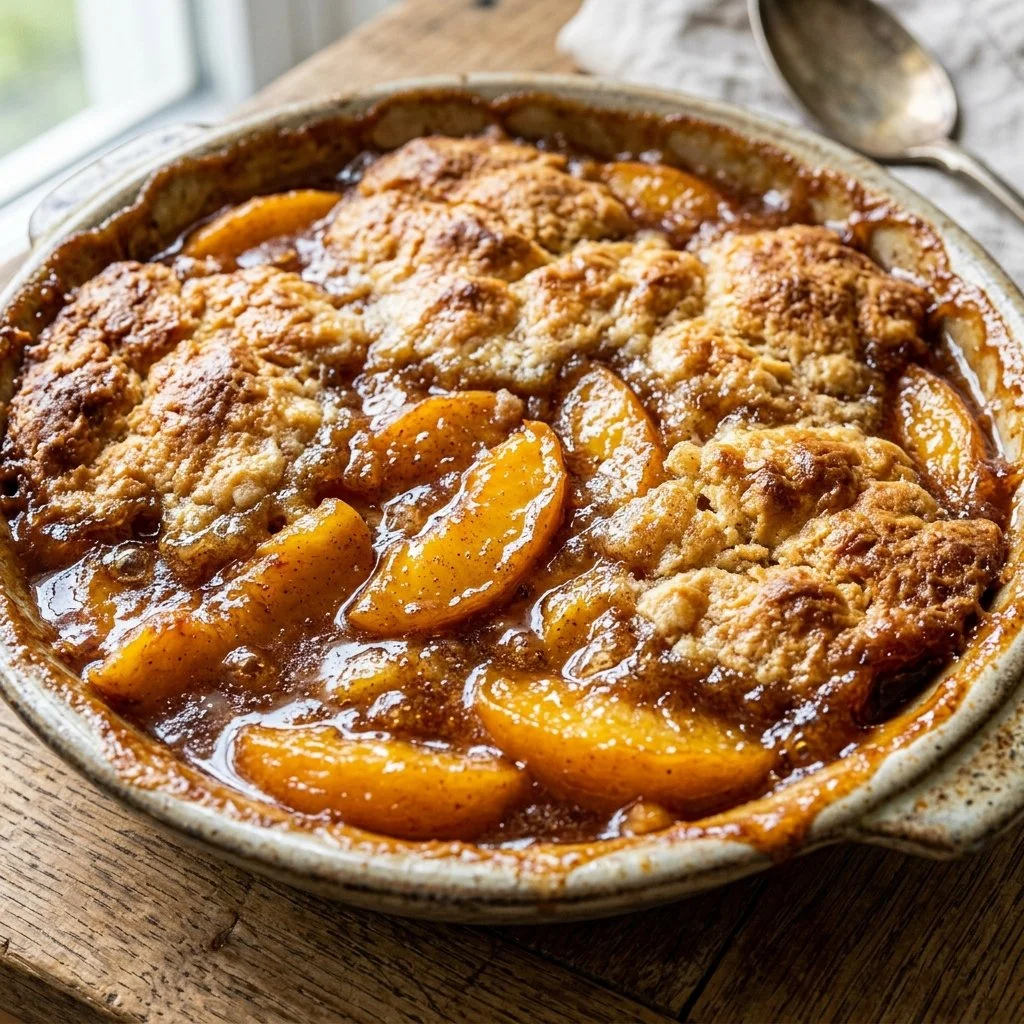Old Fashioned Peach Cobbler with fresh peaches and golden crust