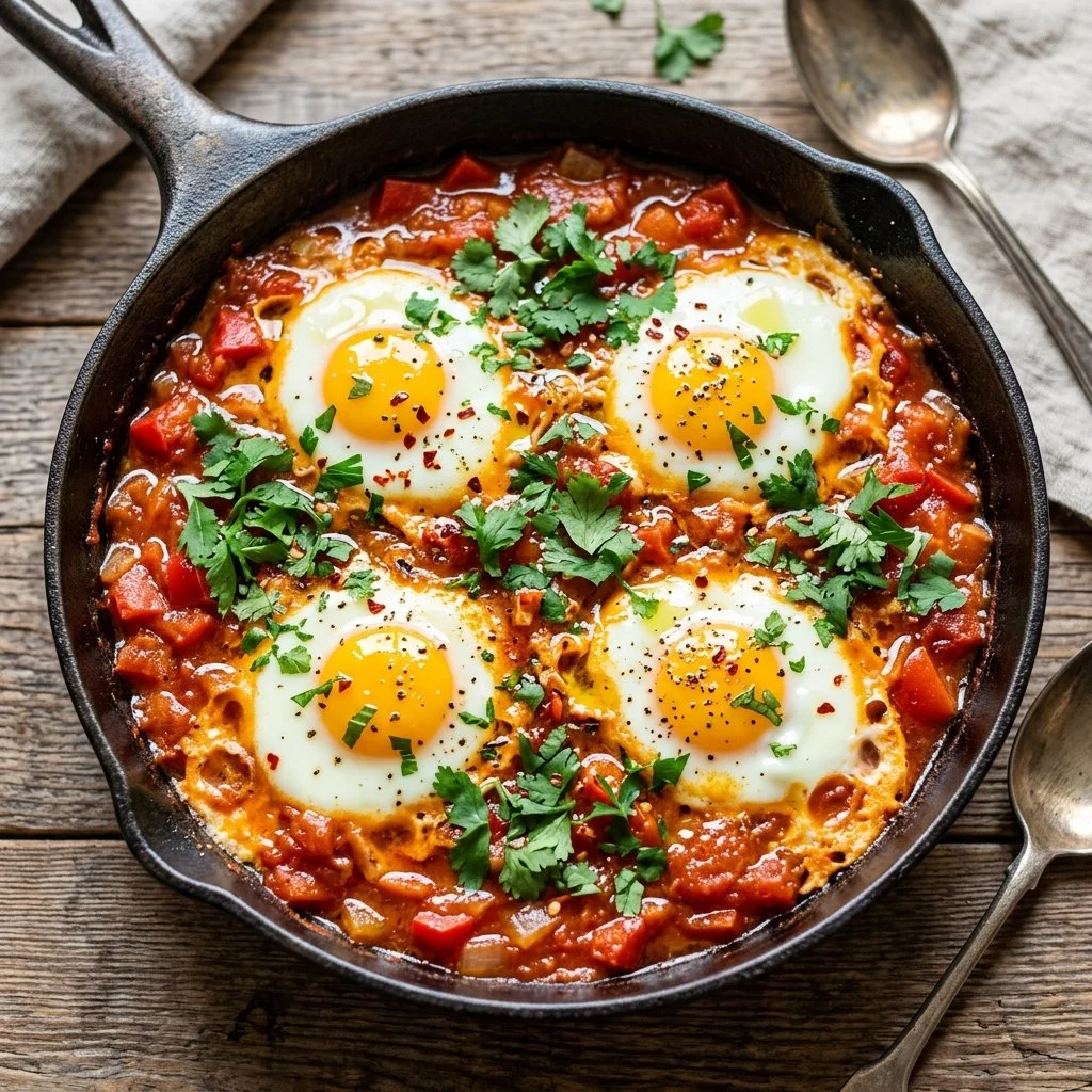 Delicious One Pan Shakshuka with eggs and tomatoes in a skillet