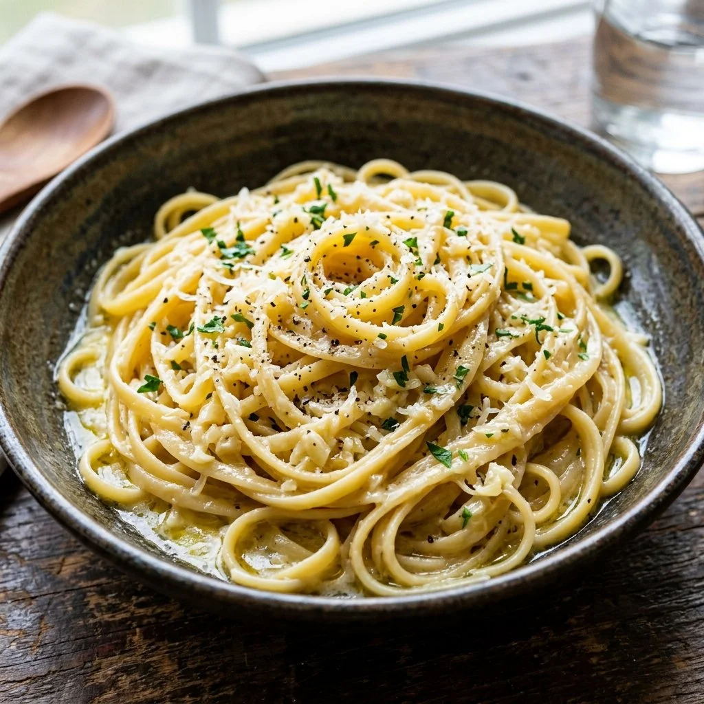 Creamy One Pot Garlic Parmesan Pasta garnished with parsley in a bowl.