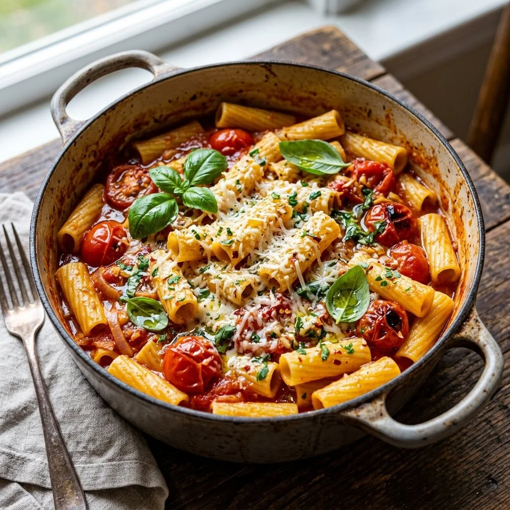 Delicious one pot pasta dish served in a bowl with fresh herbs
