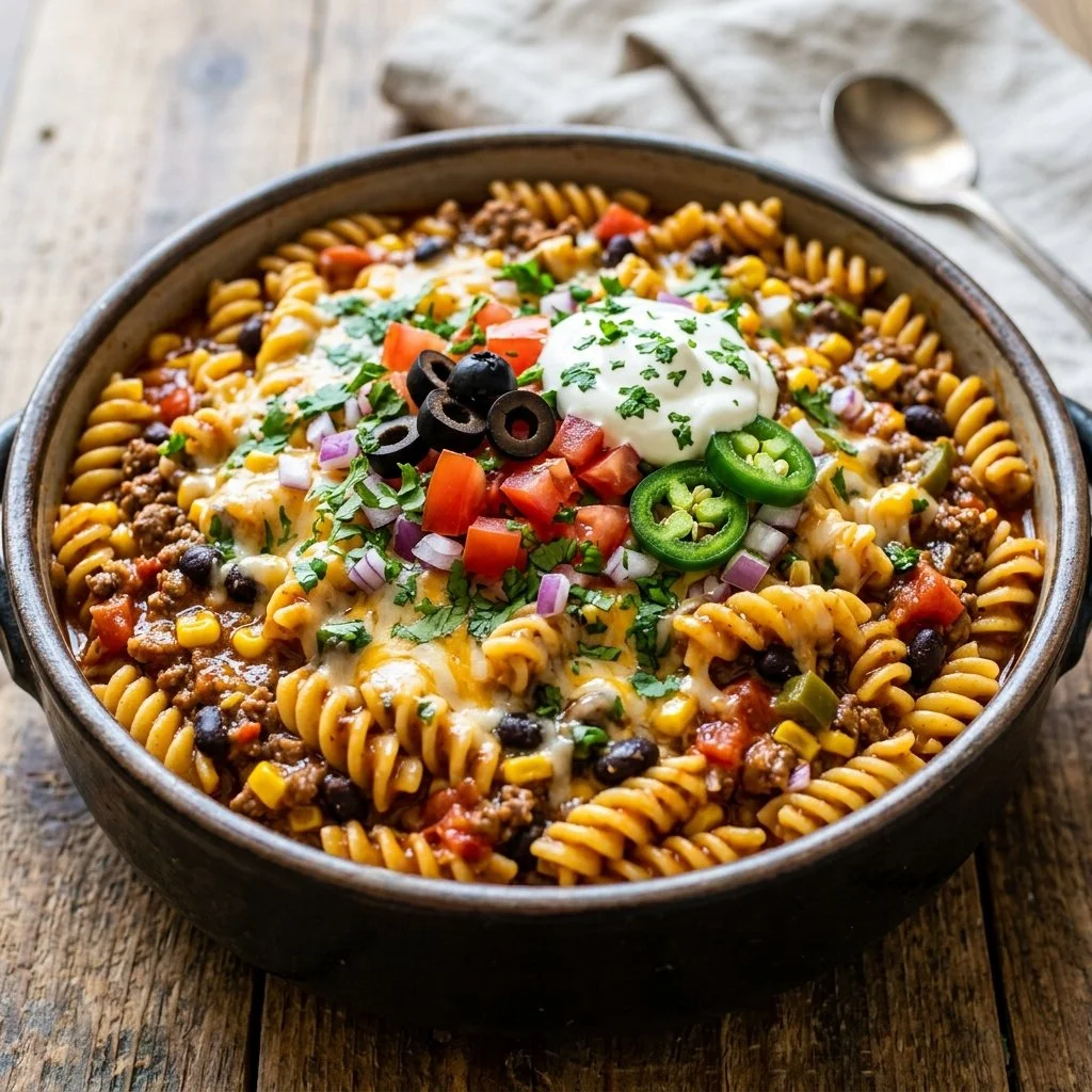 One Pot Taco Pasta served in a bowl, garnished with cheese and cilantro
