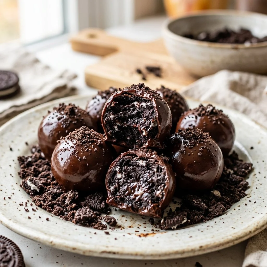 Delicious Oreo Balls arranged on a plate, perfect for desserts or snacks.