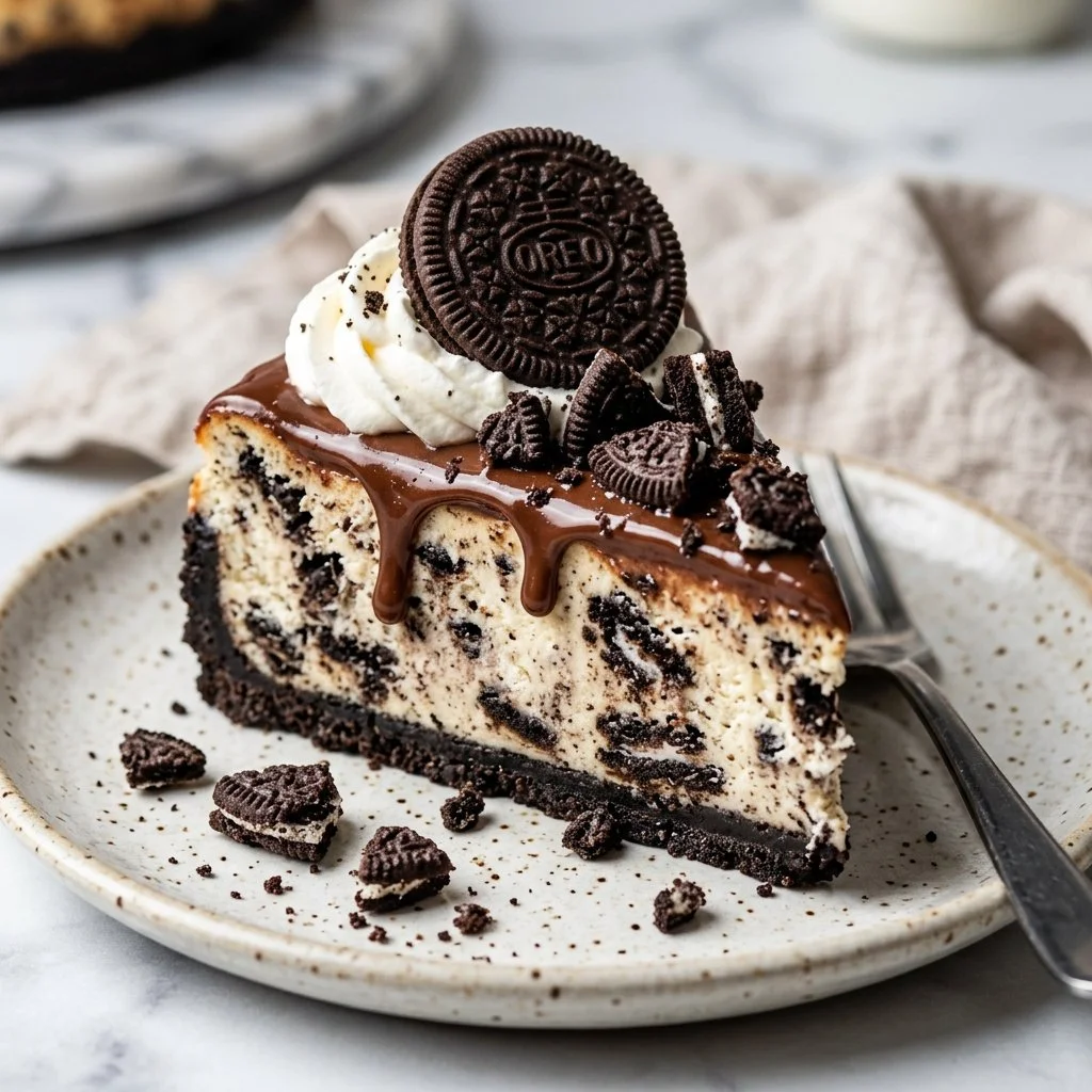 Deliciously layered Oreo Cheesecake with chocolate crumbs and cream topping