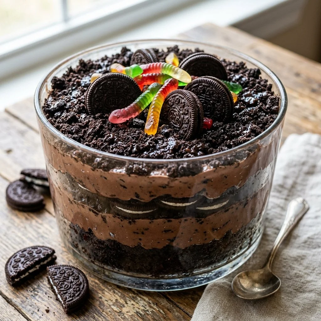 Delicious Oreo Dirt Cake with crushed Oreos and chocolate layers