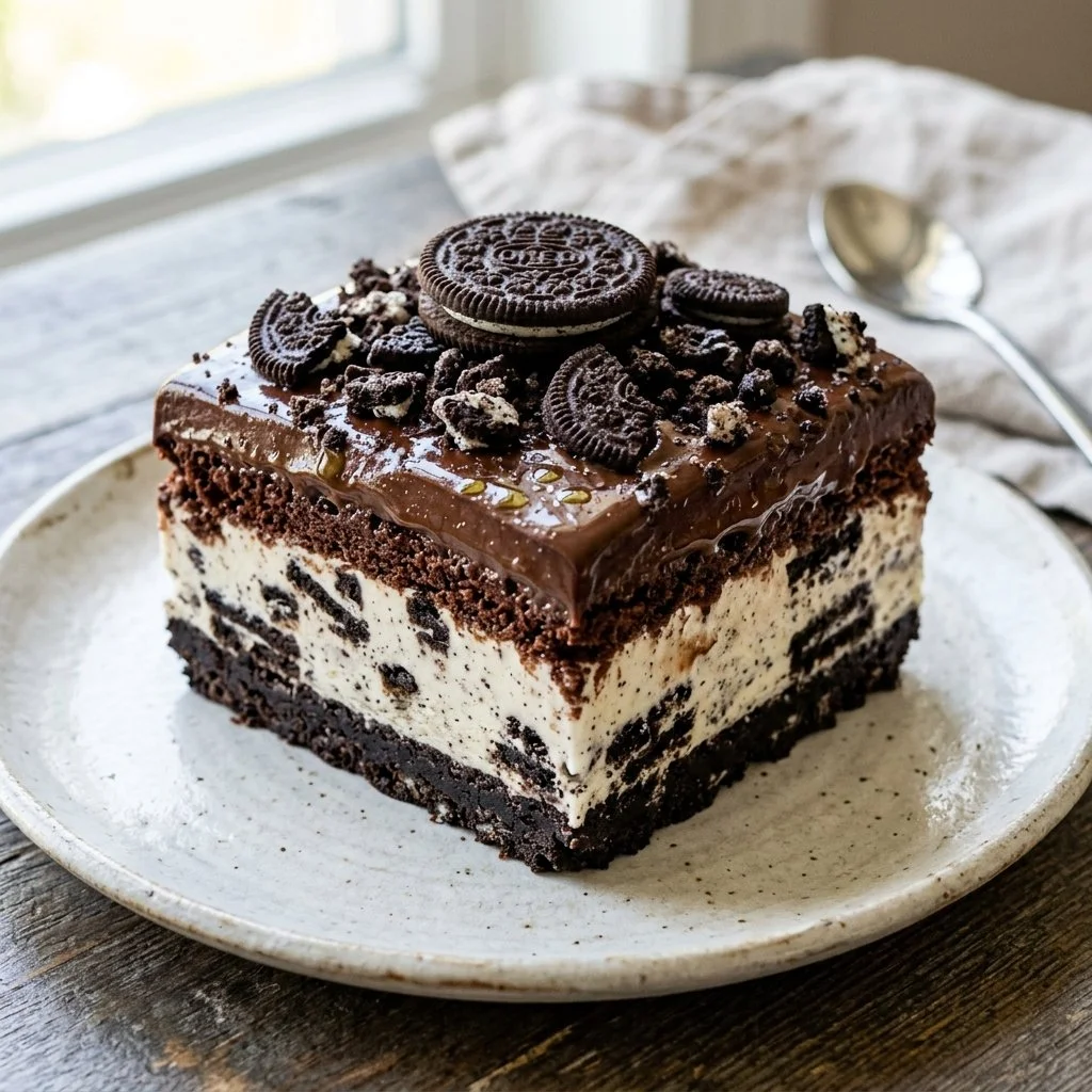 Delicious Oreo Ice Cream Cake topped with crushed Oreos and creamy frosting
