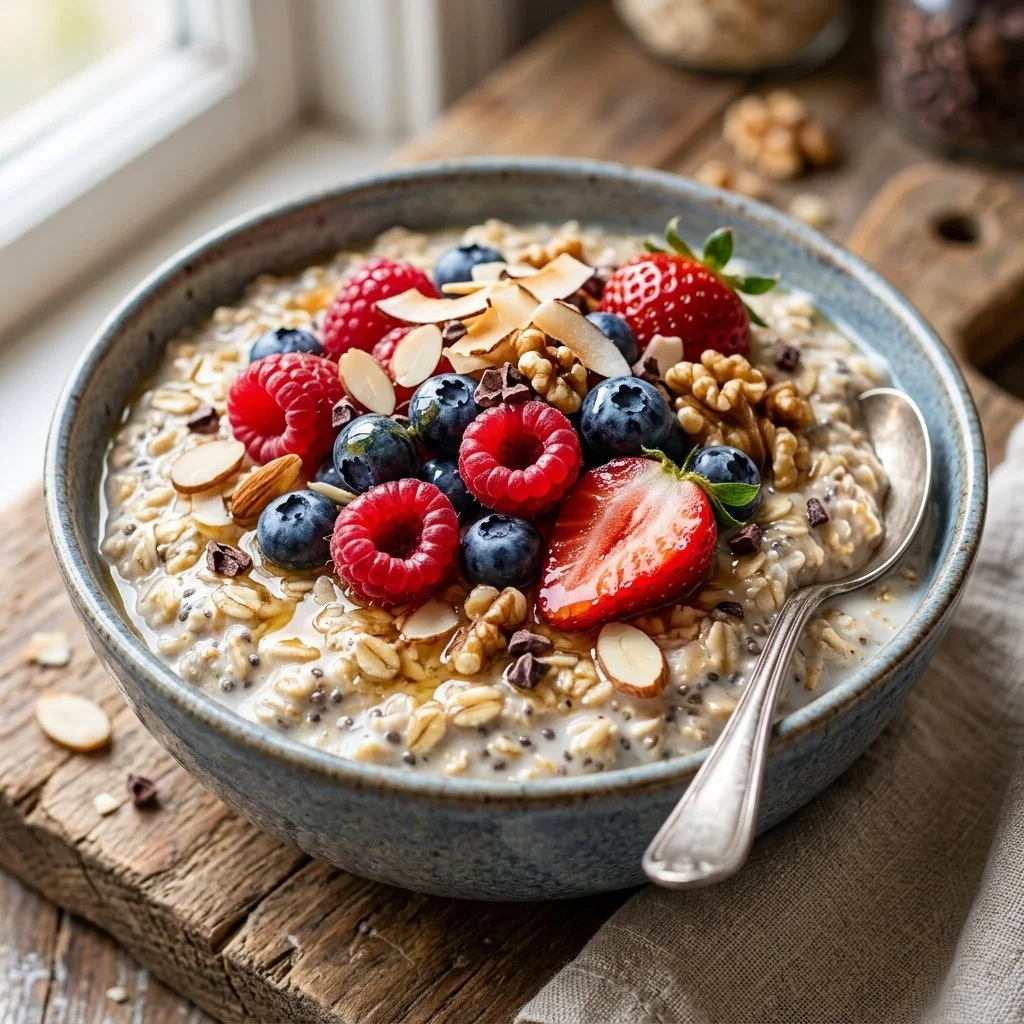 Bowl of colorful overnight oats topped with fruits and nuts