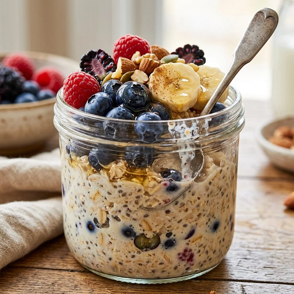 Bowl of colorful overnight oats with fruits and nuts for a healthy breakfast