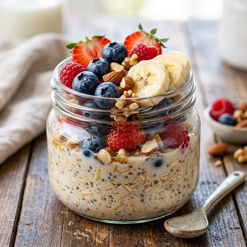 Bowl of colorful overnight oats topped with fruits and nuts for a nutritious breakfast