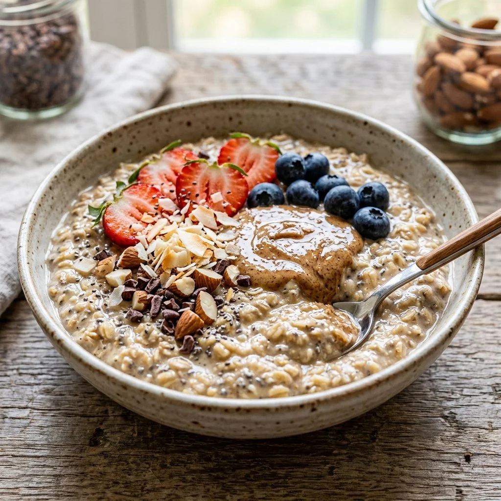 Bowl of overnight protein oats topped with fruits and nuts.