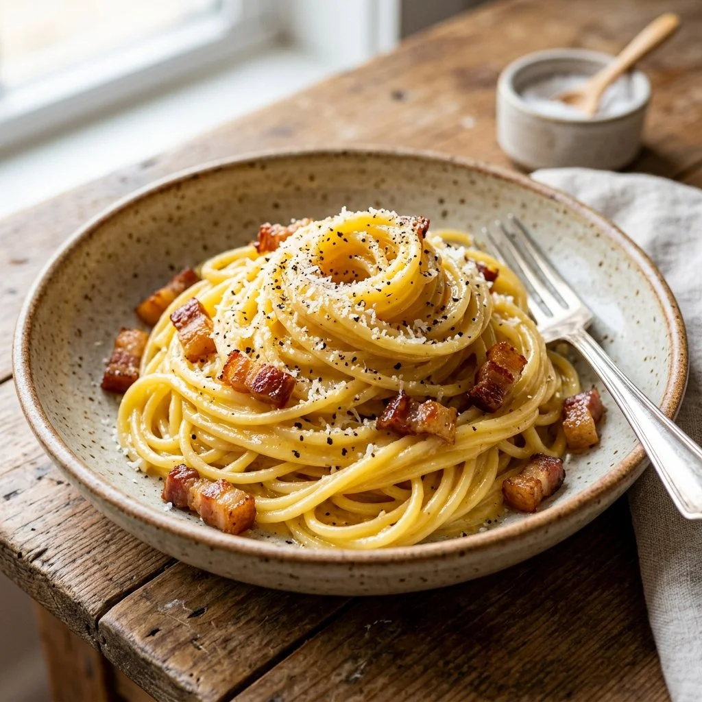 Delicious plate of traditional Pasta Carbonara with creamy sauce and pancetta