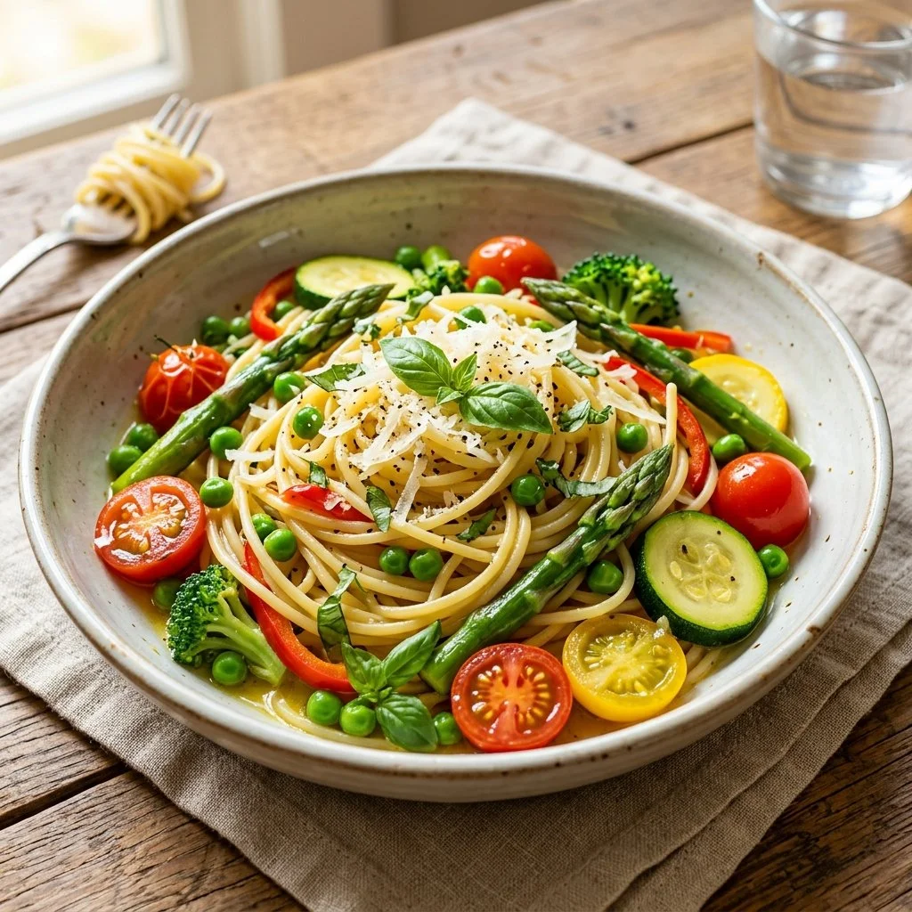 Colorful Pasta Primavera with fresh vegetables and herbs in a bowl