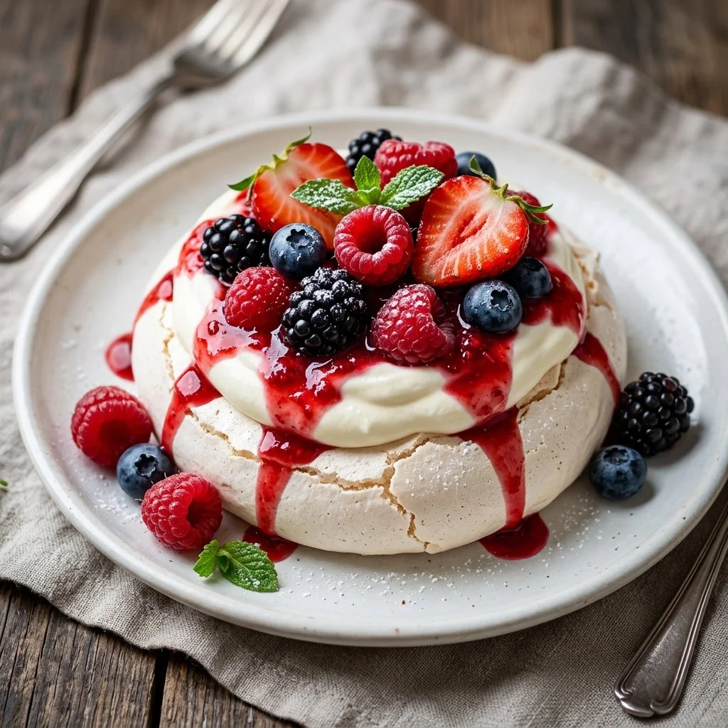 Delicious Pavlova topped with fresh mixed berries