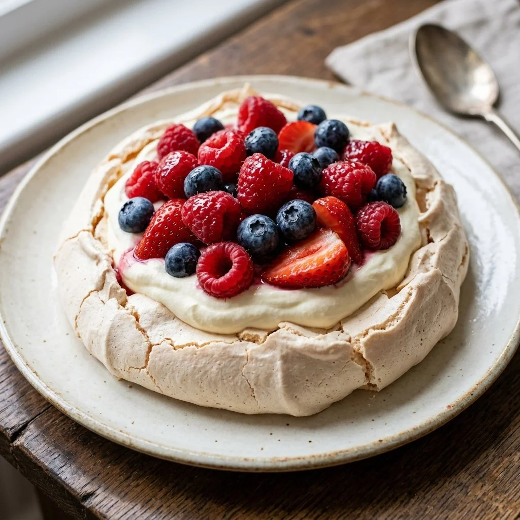 Delicious Pavlova topped with fresh berries and whipped cream